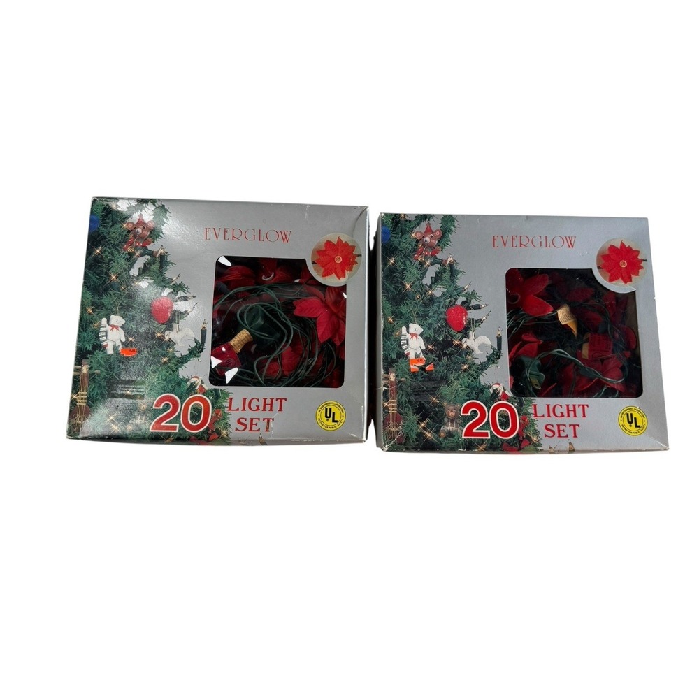 Everglow 20 Light Set Red Poinsettia Christmas Tree Lights Lot of 2 Vintage